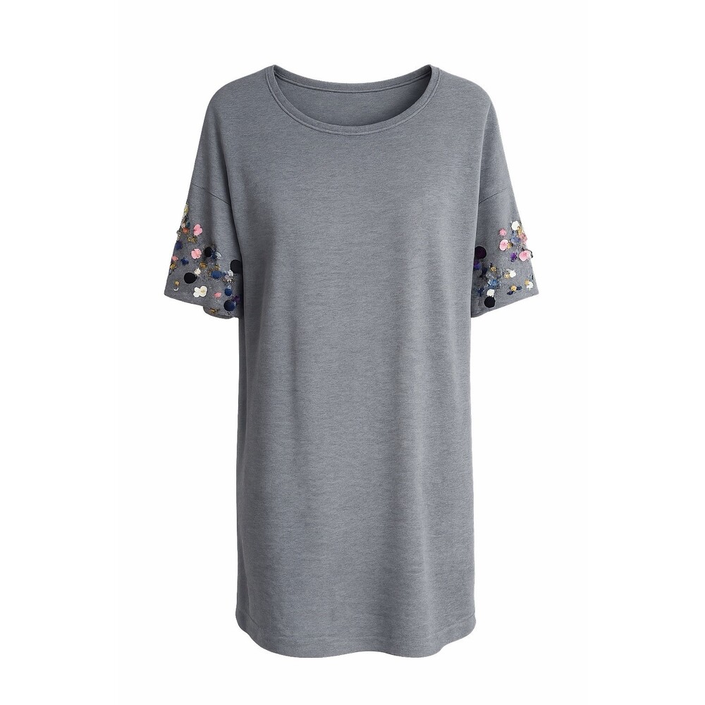 Grey Embellished Sleeve Tunic Dress Soft Knit Casual Chic‎ Top SZ M Art To Wear